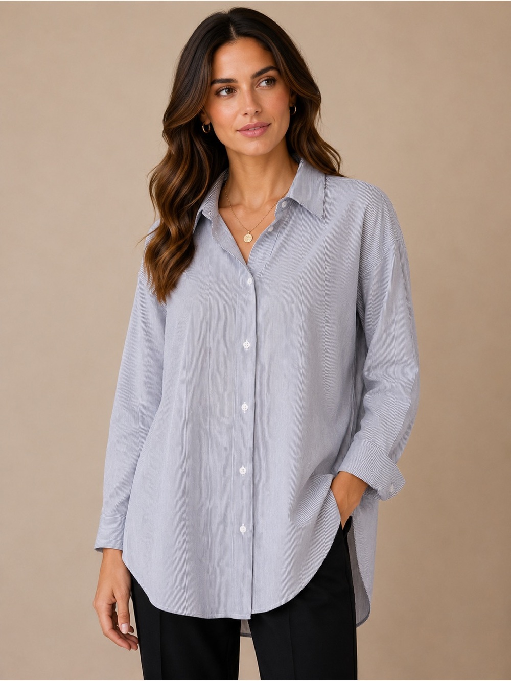 Oversized Blue Striped Button-Front Women's Shirt